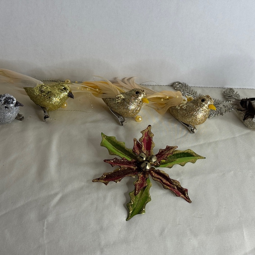 Glitter Clip-On Bird Ornaments‎ Feather Tail Gold Silver Set of 5 + Poinsettia